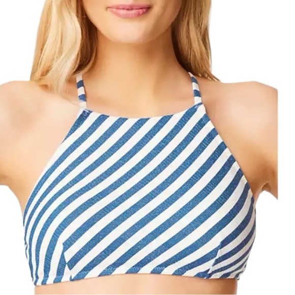 Jessica Simpson blue white metallic stripe lickety-split high neck halter swim - Picture 1 of 11